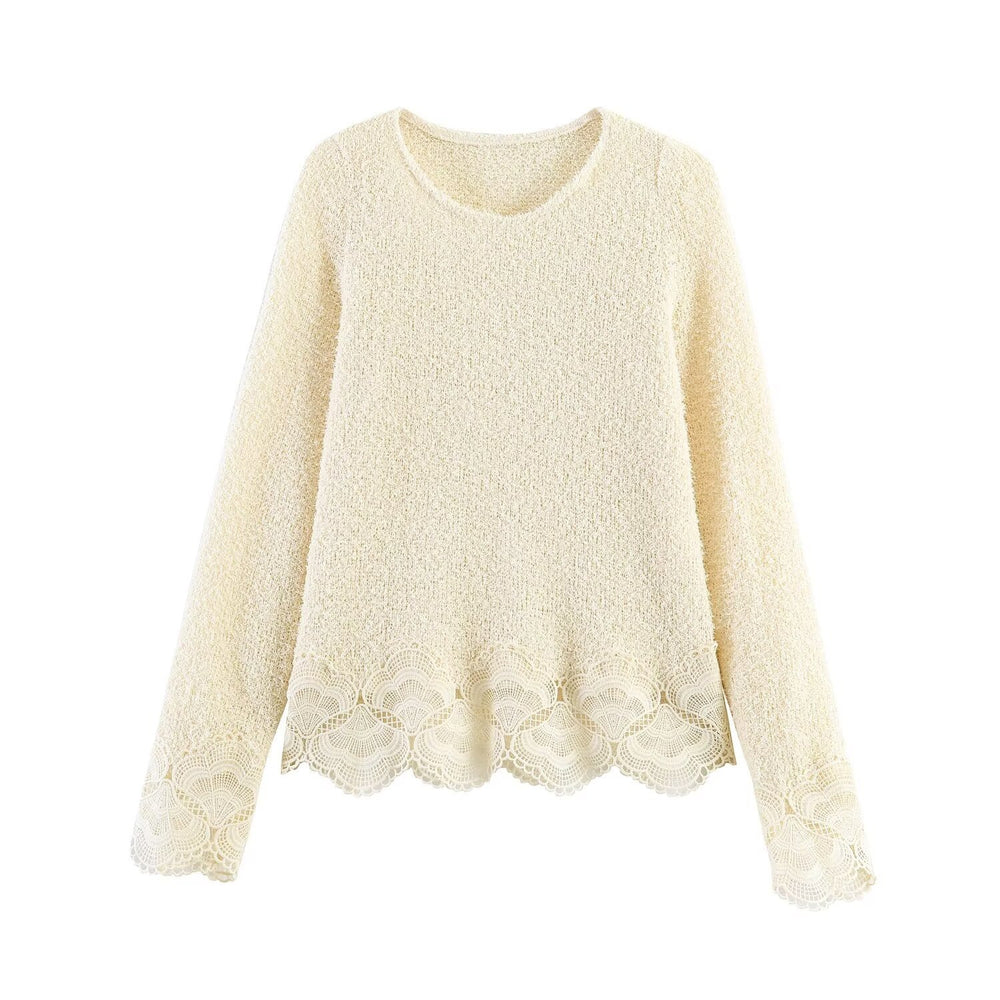 Damen Bouclé-Strickpullover mit Spitzenbesatz und gewelltem Saum Shop Nory