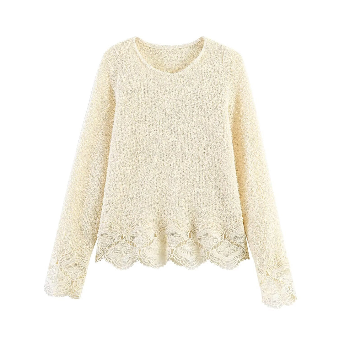 Damen Bouclé-Strickpullover mit Spitzenbesatz und gewelltem Saum Shop Nory