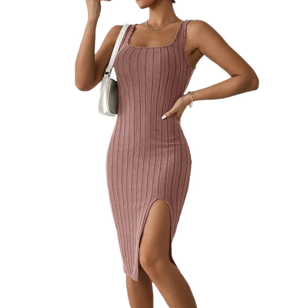 Damen Enganliegendes Ripp-Kleid mit Seitenschlitz und Spaghetti-Trägern Shopnory