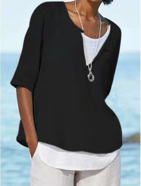 Hemd aus Baumwolle und Leinen mit V-Ausschnitt in Übergröße