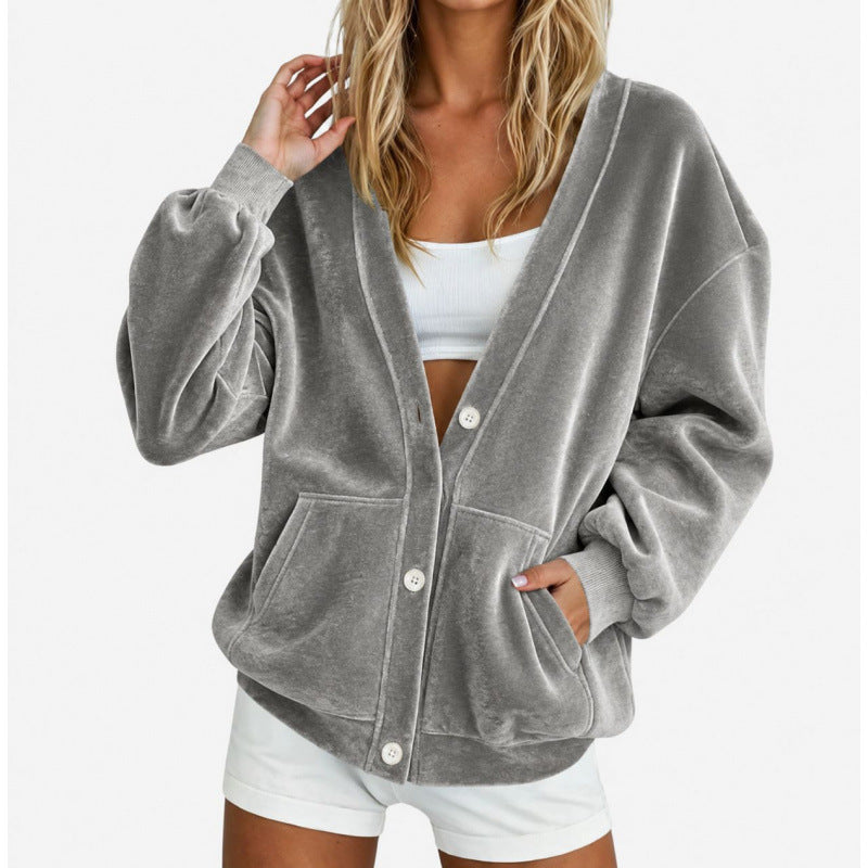 Damen Oversize-Relax-Cardigan aus Velours mit Knopfleiste und Eingrifftaschen Shop Nory