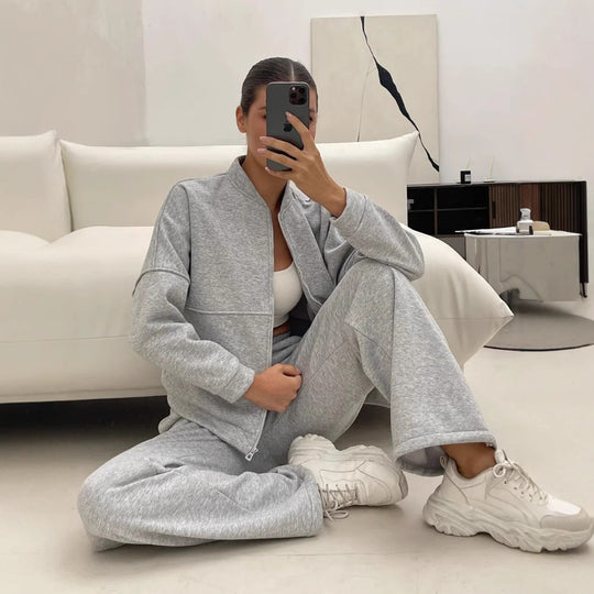 Damen lässiges Zip-Lounge-Set mit Stehkragen und weitem Highwaist-Joggpant Shop Nory