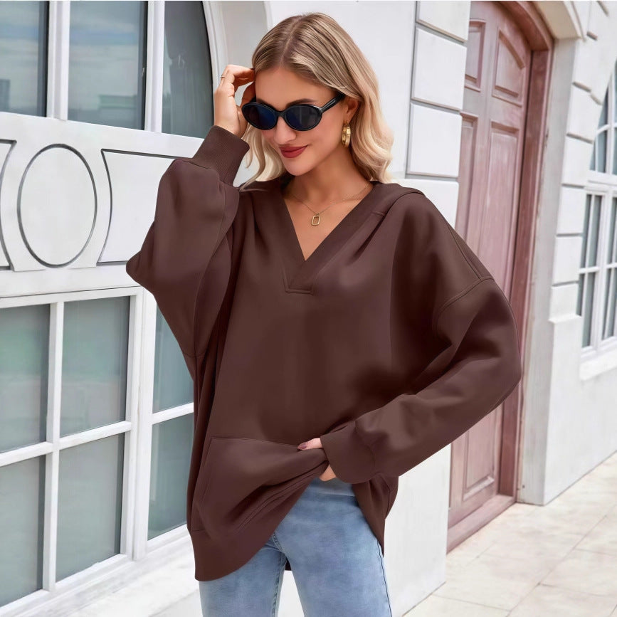 Damen Oversize V-Ausschnitt Hoodie mit Kapuze, Kängurutasche und verlängertem Saum Shop Nory