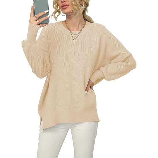Damen Oversize-Feinstrickpullover mit Rundhalsausschnitt, überschnittener Schulter und Seitenschlitzen Shop Nory