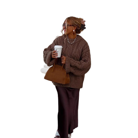Damen Oversize Grobstrickpullover mit Zopfstrick, hohem Kragen und verlängerten Ärmeln Shop Nory