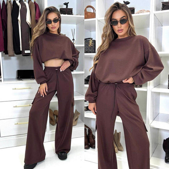 Damen kurzes Oversize-Sweatshirt mit weitem Cargo-Hose Lounge-Set Shop Nory