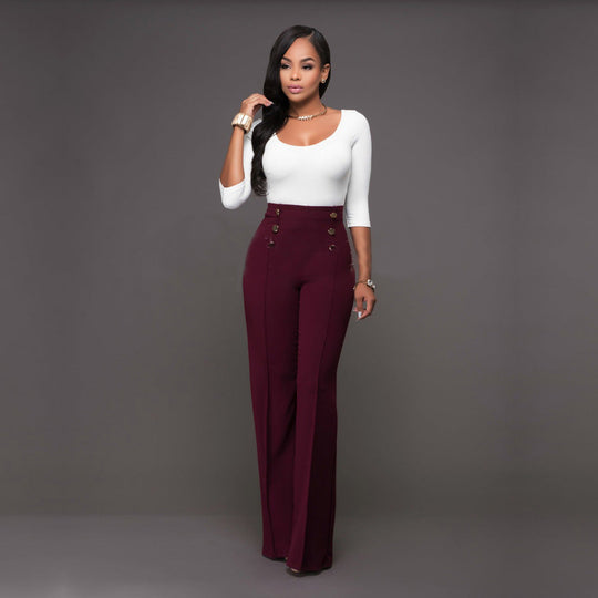 Damen hochtaillierte Palazzo-Hose mit dekorativen Knopfdetails