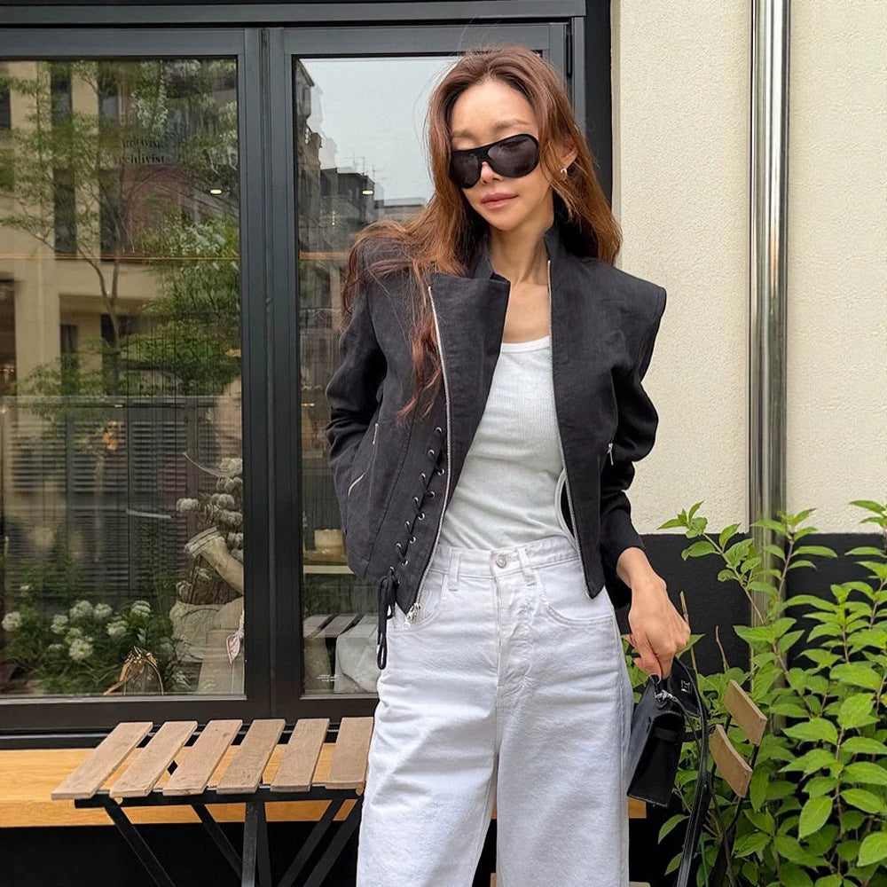 Damen Kurz geschnittene Schnür-Bikerjacke mit asymmetrischem Reißverschluss Shop Nory
