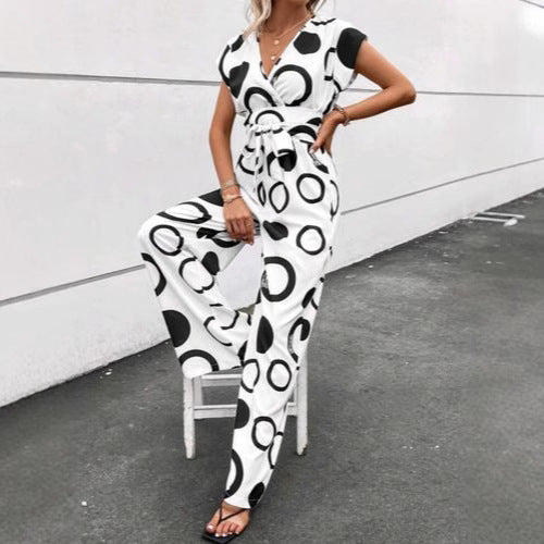Damen Jumpsuit mit modernem Kreismuster und Taillengürtel