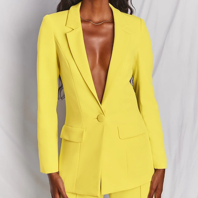 Damen nan eleganter Longline-Blazer mit tiefem V-Ausschnitt und weitem Palazzo-Hosenanzug Shop Nory