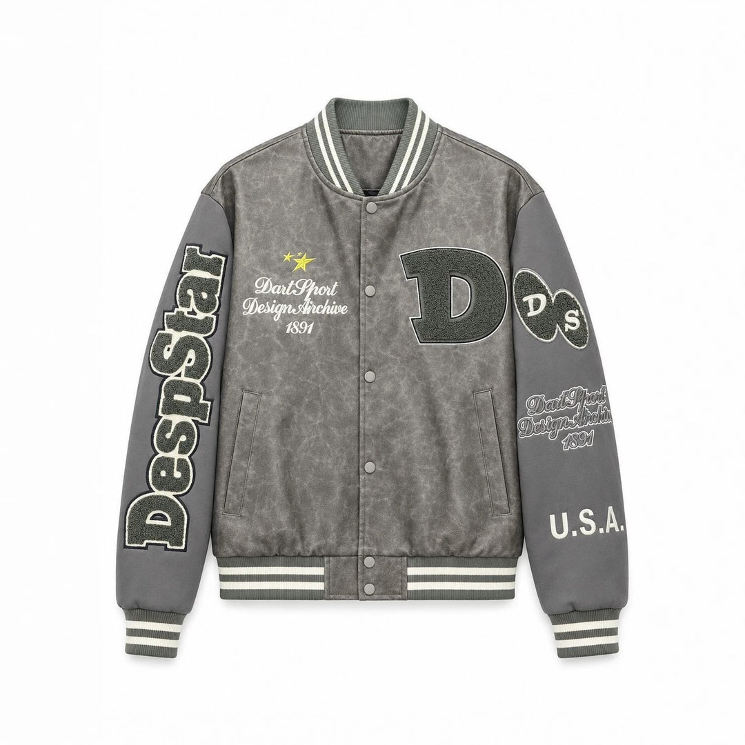 Herren Varsity-Bomberjacke im College-Stil aus Lederimitat mit Applikationen Shop Nory