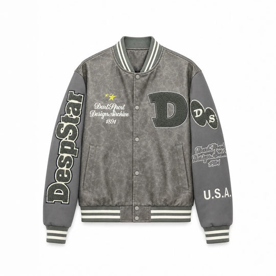 Herren Varsity-Bomberjacke im College-Stil aus Lederimitat mit Applikationen Shop Nory