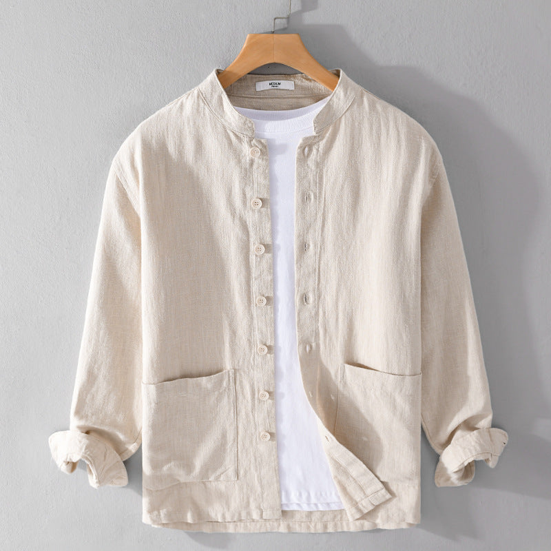 Herren Leinenjacke mit Stehkragen und aufgesetzten Taschen Shop Nory