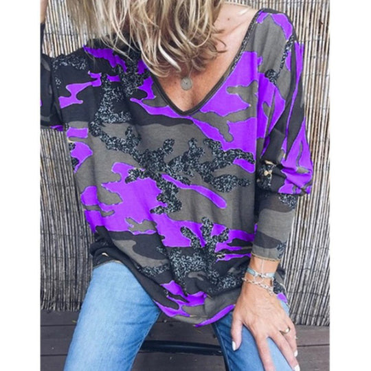 Damen Oversize V‑Ausschnitt Longshirt mit Camouflage‑Print und Glitzerbesatz Shop Nory