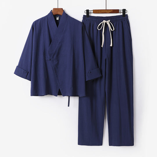 Unisex Leichtes Zen-Lounge-Set im Kimono-Stil mit überschnittener Schulter verdeckter Knotenleiste und elastischer Tunnelzughose Shop Nory