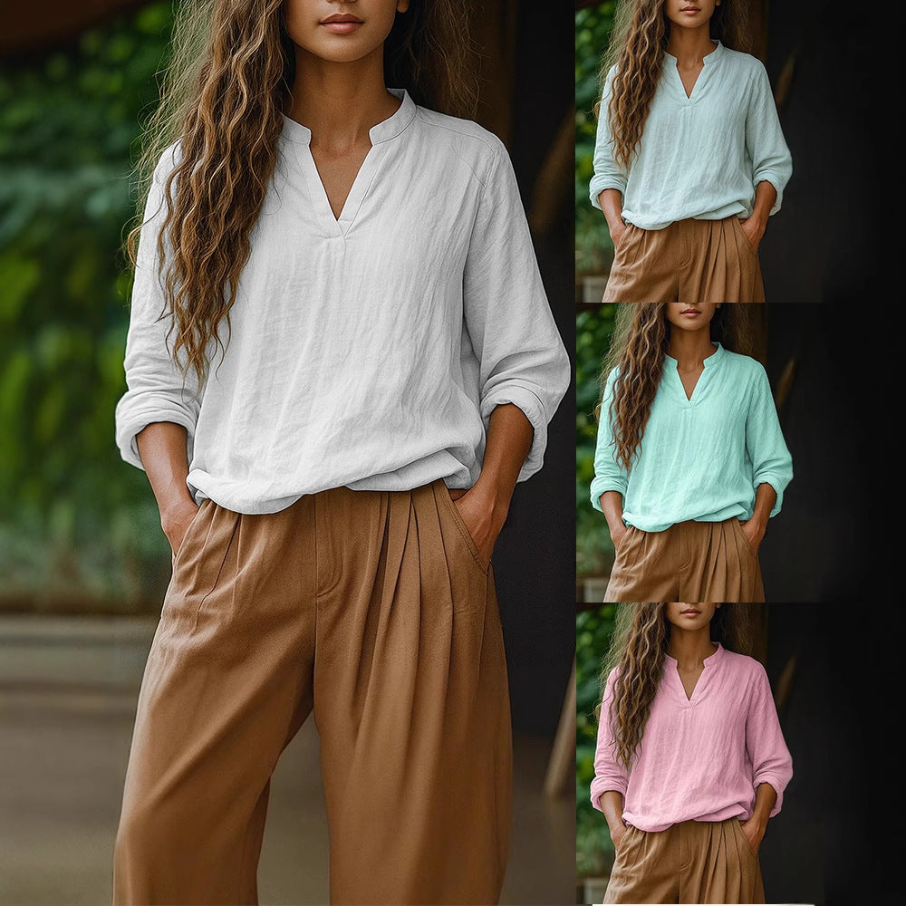 Damen Casual Tunika-Bluse in Leinenoptik mit kleinem Stehkragen und V‑Schlitz Shop Nory