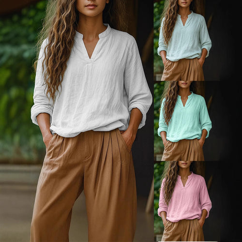 Damen Casual Tunika-Bluse in Leinenoptik mit kleinem Stehkragen und V‑Schlitz Shop Nory