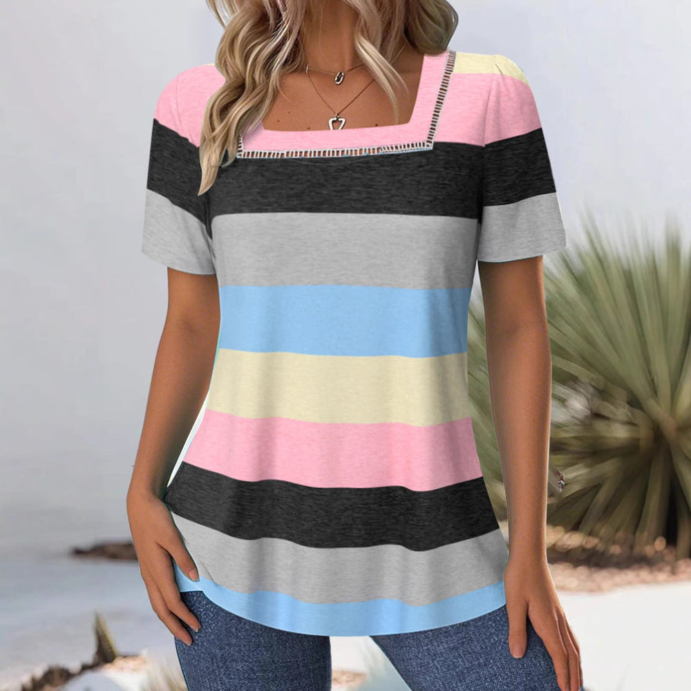 Damen T-Shirt mit modernem Streifenmuster und dekorativem Rundhalsausschnitt