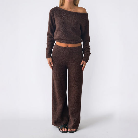 Damen nan kuscheliges Bouclé-Lounge-Set mit One-Shoulder-Crop-Pullover und Highwaist Palazzo-Hose Shop Nory