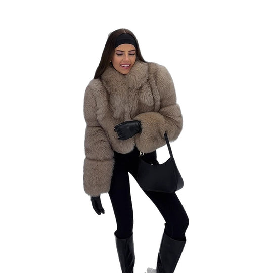 Damen Kurz geschnittener Luxus-Kunstpelzblouson mit voluminösem Schalkragen Shop Nory