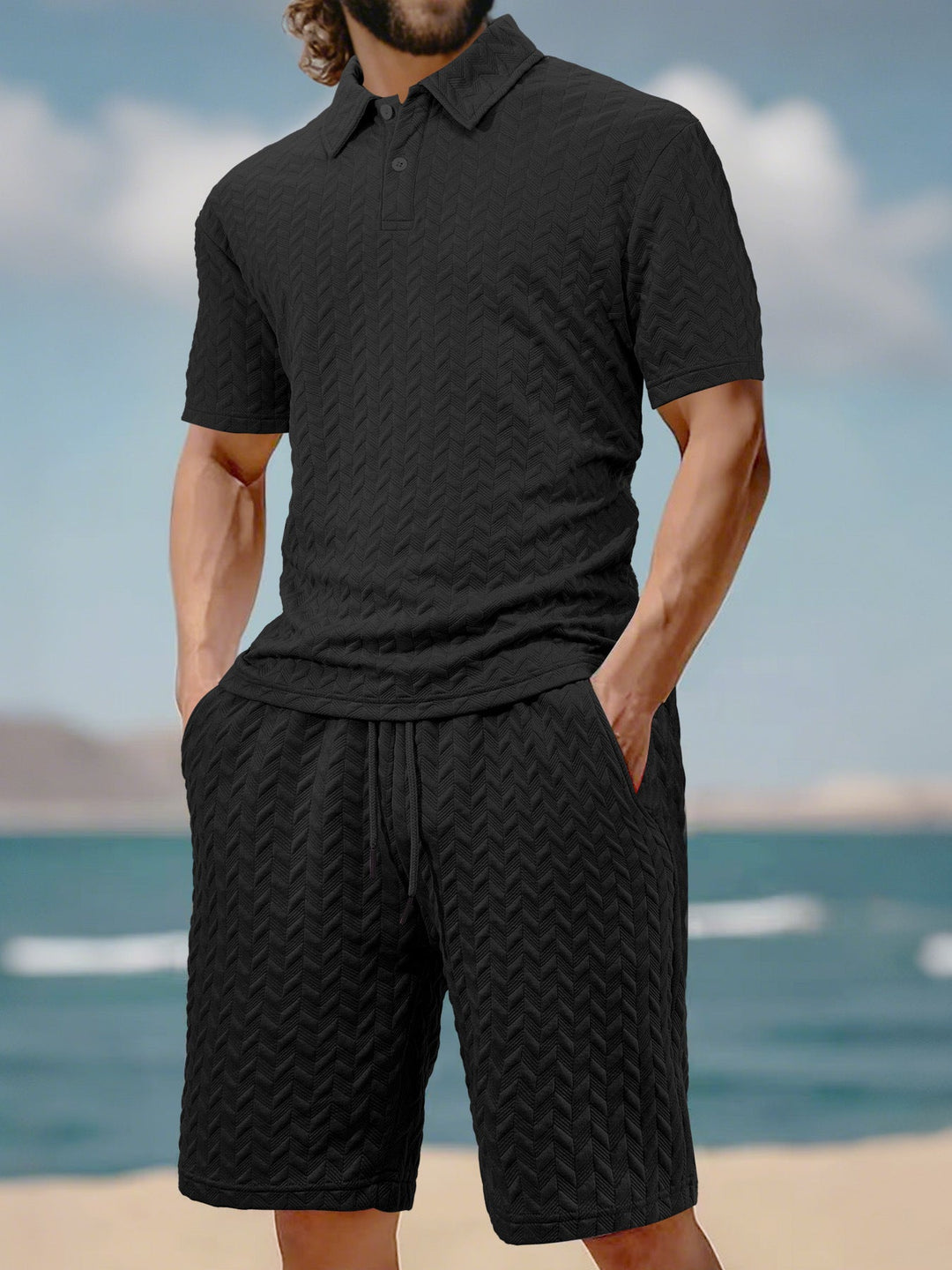 Herren nan geprägtes Strand-Ensemble mit offenem Kurzarm-Hemd und Kordel-Bermuda