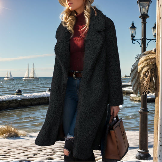 Damen Langer Teddy-Mantel aus Kunstfell mit Oversize-Schnitt und Schalkragen Shop Nory