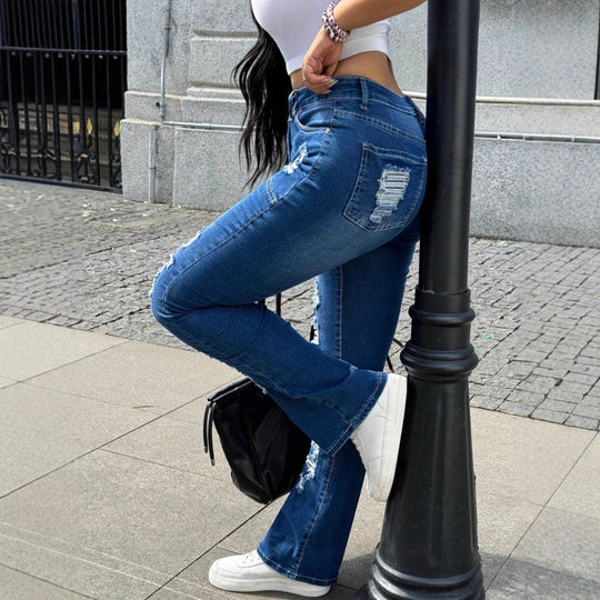 Damen Taillenbetonte Distressed Bootcut-Jeans mit formenden Nähten und Knie-Rissen Shop Nory