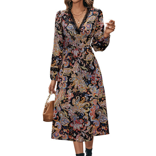 Damen Midikleid mit Paisley-Print, Wickeloptik und Spitzenbesatz Shop Nory