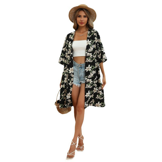 Damen Langer Kimono‑Blütenmantel mit floralem Print, offener Front und 3/4‑Ärmeln Shop Nory