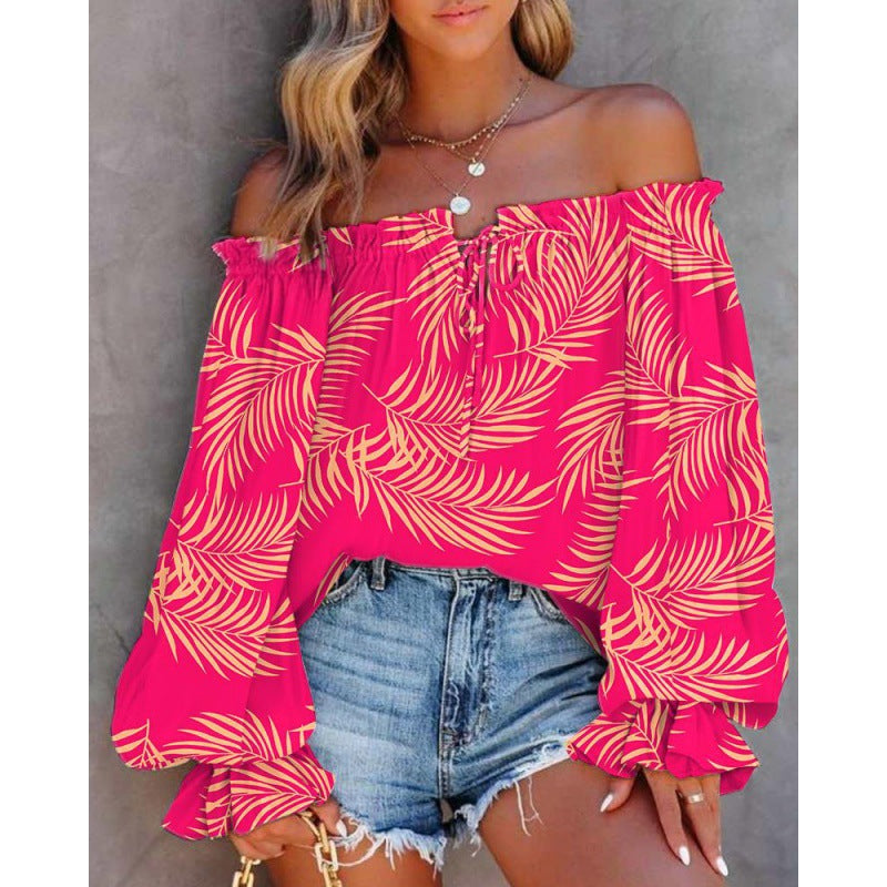 Damen Off-Shoulder Bluse mit Buntem Muster und Elastischem Saum Shopnory
