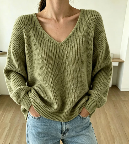 Damen Lässiger Boxy-Grobstrickpullover mit V-Ausschnitt und gerippten Bündchen Shop Nory