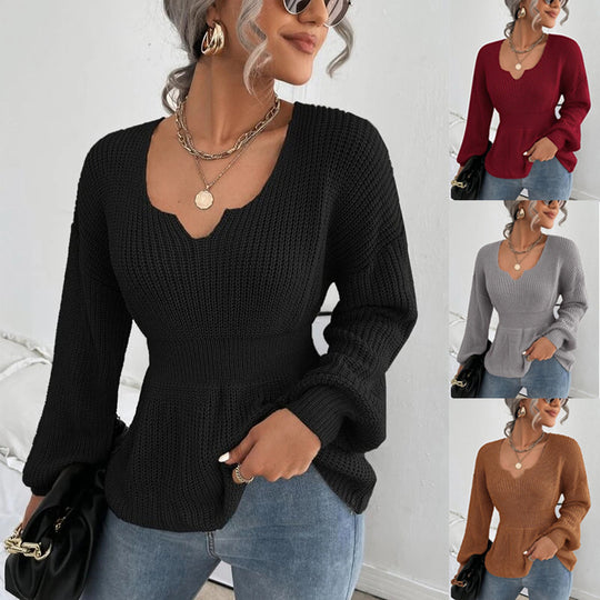 Damen Taillierter Feinstrickpullover mit eingekerbtem V-Ausschnitt, taillenbetonter Rippzone und Ballonärmeln Shop Nory