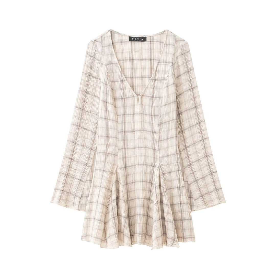 Damen Leichtes V‑Ausschnitt Midikleid mit Karomuster, tailliertem Godet‑Rock und Crinkle‑Struktur Shop Nory