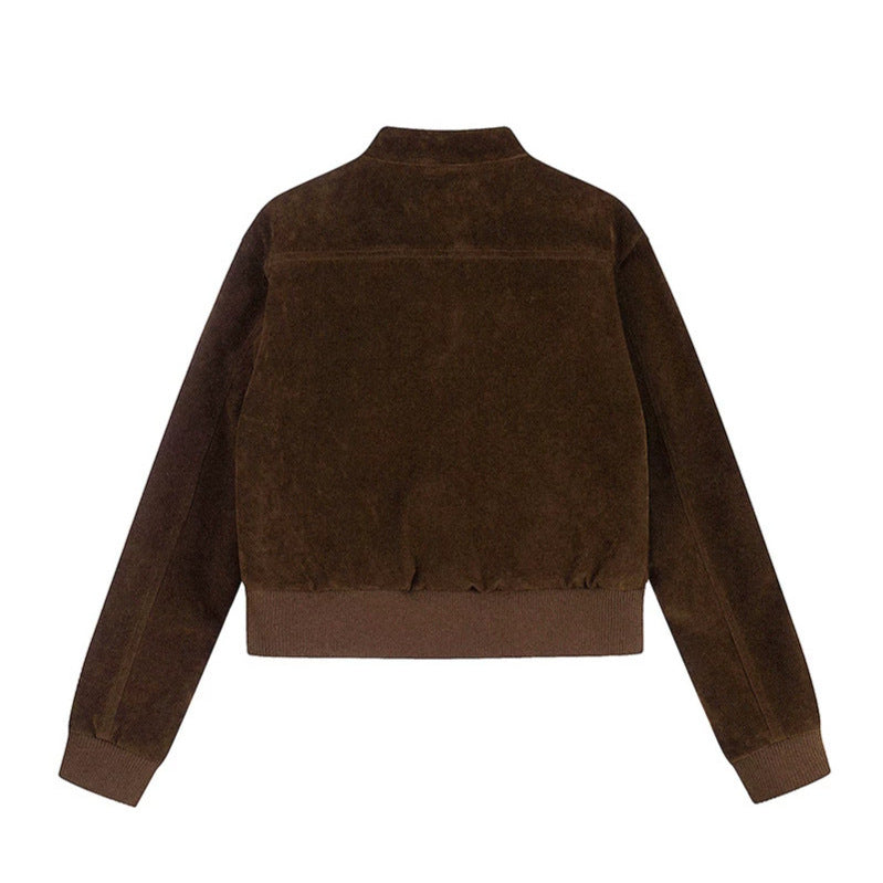 Damen Kurz geschnittene Samtvelours Bomberjacke mit Stehkragen und Multifunktionstaschen Shop Nory