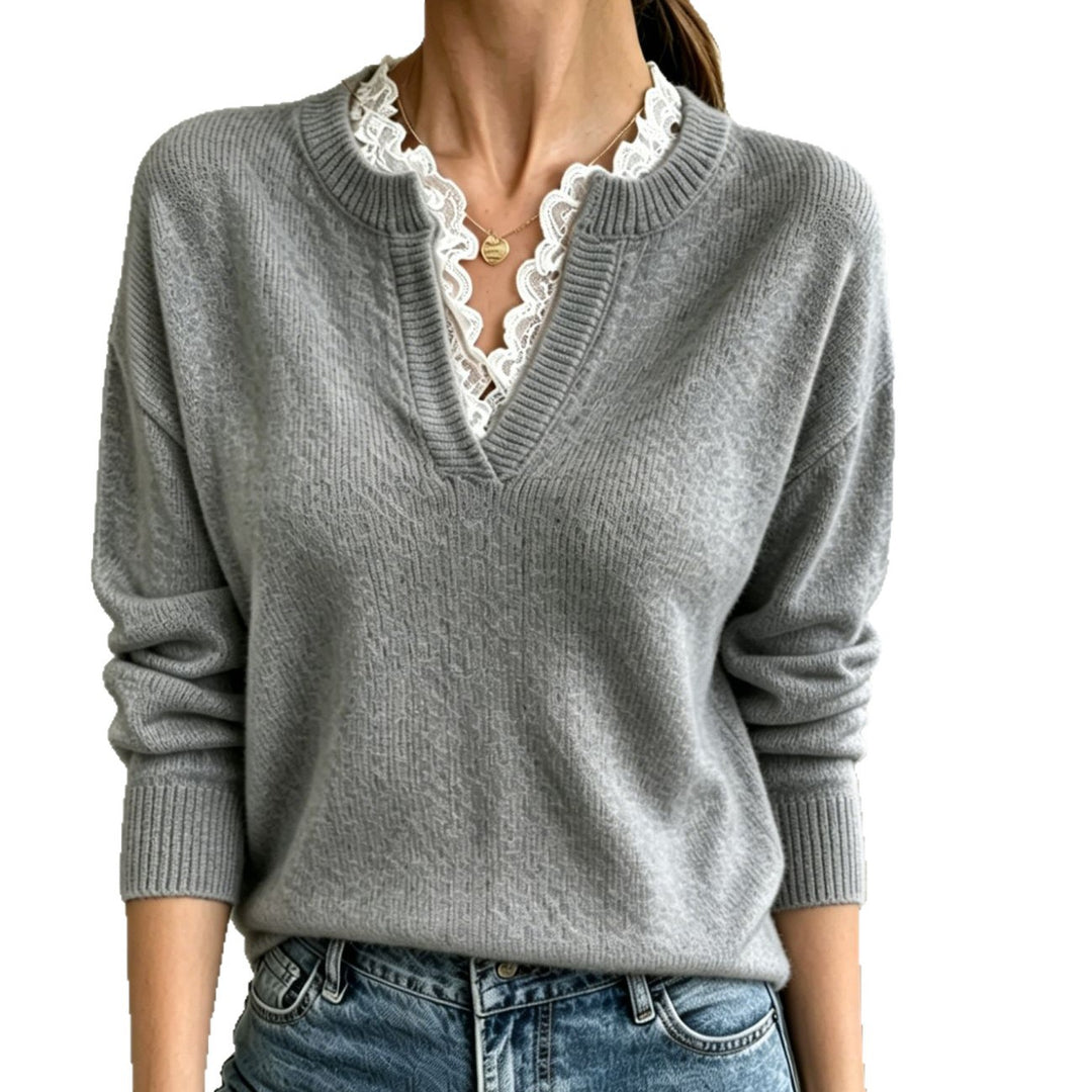 Damen V-Ausschnitt Feinstrickpullover mit dekorativem Spitzenkragen Shop Nory