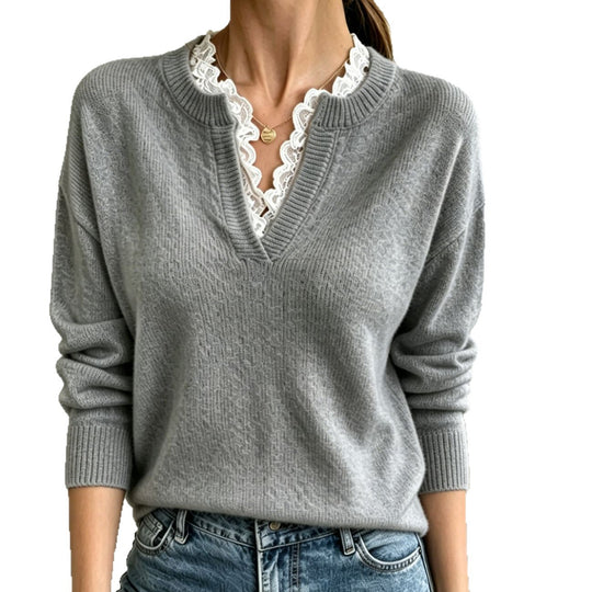 Damen V-Ausschnitt Feinstrickpullover mit dekorativem Spitzenkragen Shop Nory