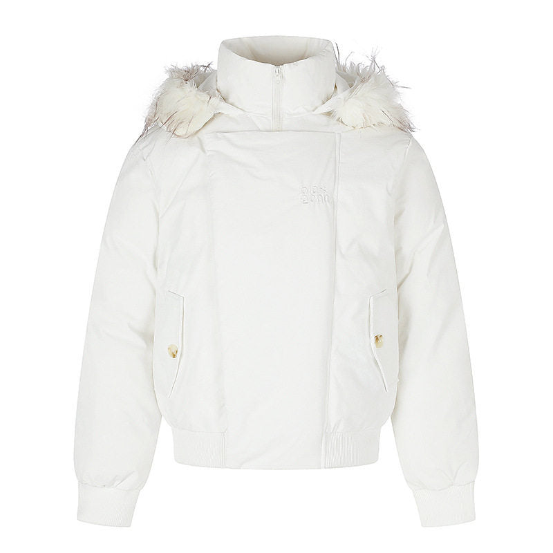 Damen wattierte kurze Bomberjacke mit abnehmbarer Kunstfellkapuze, hohem Stehkragen und Rippbündchen Shop Nory