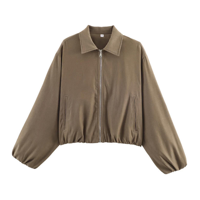Damen Gekürzte Bomberjacke im Harrington‑Stil mit Ballonärmeln und elastischem Saum Shop Nory