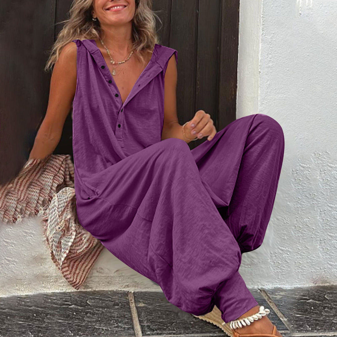 Damen Lässiger Jumpsuit mit Kapuze und Knopfverschluss