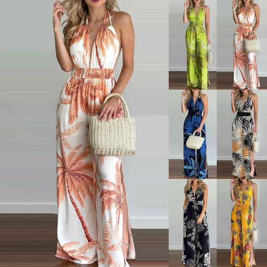 Damen eleganter Jumpsuit mit Spaghettiträgern und hohen Seitenschlitzen