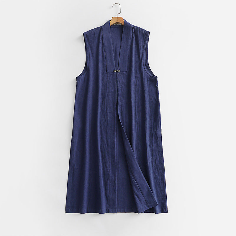 Damen Langer ärmelloser Kimono-Weste aus Leinenmix mit schmaler Schalkante und dekorativem Knebelverschluss Shop Nory