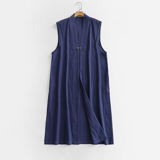 Damen Langer ärmelloser Kimono-Weste aus Leinenmix mit schmaler Schalkante und dekorativem Knebelverschluss Shop Nory