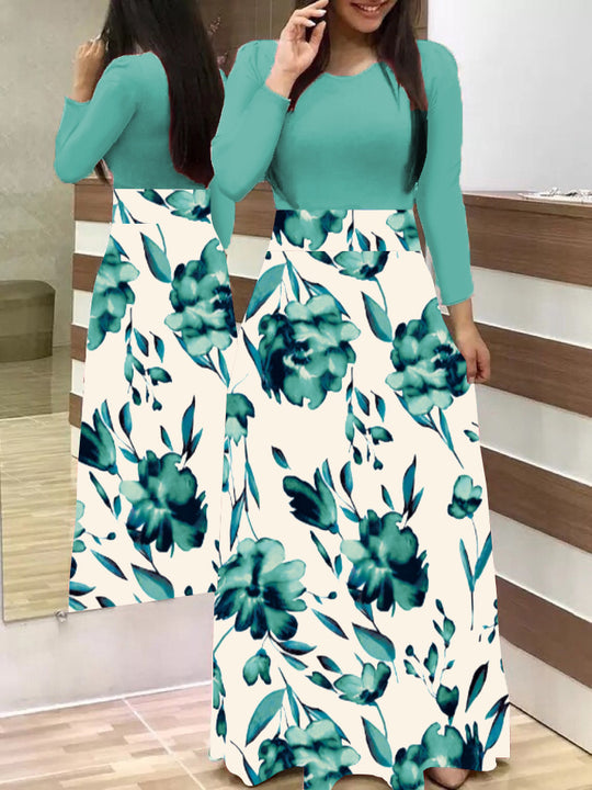 Damen Zweiteilig wirkendes Maxikleid mit figurbetontem Jersey-Oberteil und weitem Blumenrock Shop Nory