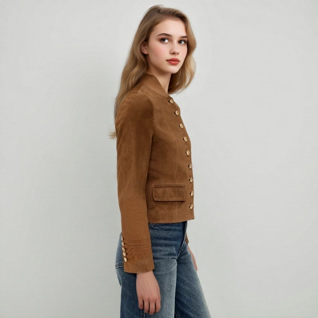 Damen Taillierte Wildlederoptik‑Jacke mit Stehkragen und Zierknopfleiste Shop Nory