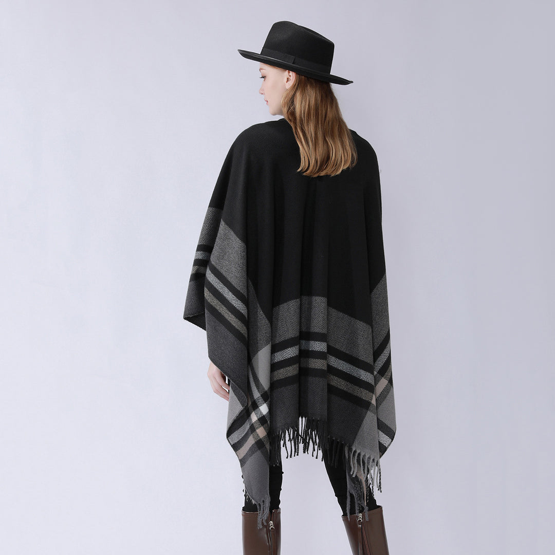 Damen Cape-Umhang aus Wollmix mit Bindegürtel und Karodessin Shop Nory