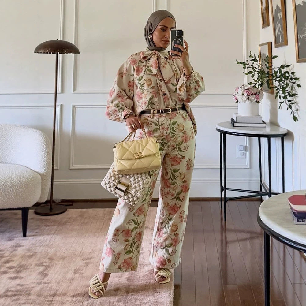 Damen Zweiteiliges Blumen-Print Co-Ord-Set mit Oversize-Blouson und High-Waist-Hose Shop Nory