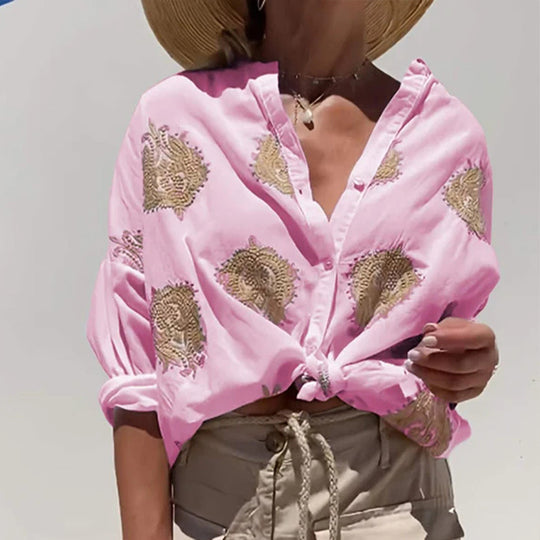 Damen Boho Leinen Bluse mit Perlenstickerei und Knotenband Shop Nory