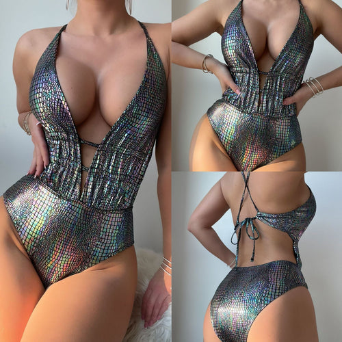 Damen Einteiliger Badeanzug mit aufregendem Cut-Out und schimmerndem Glitzer Shopnory