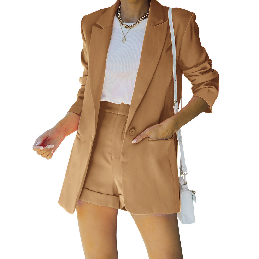 Damen nan figurbetontes Longblazer- und High-Waist-Shorts-Set mit überschnittenen Schultern und aufgesetzten Taschen Shop Nory