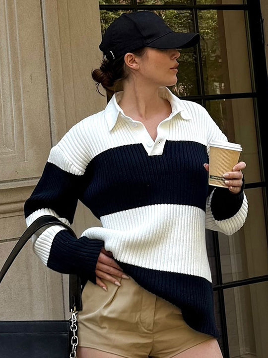 Damen Grobgerippter Oversize‑Polo‑Strickpullover mit Kentkragen und Blockstreifen Shop Nory